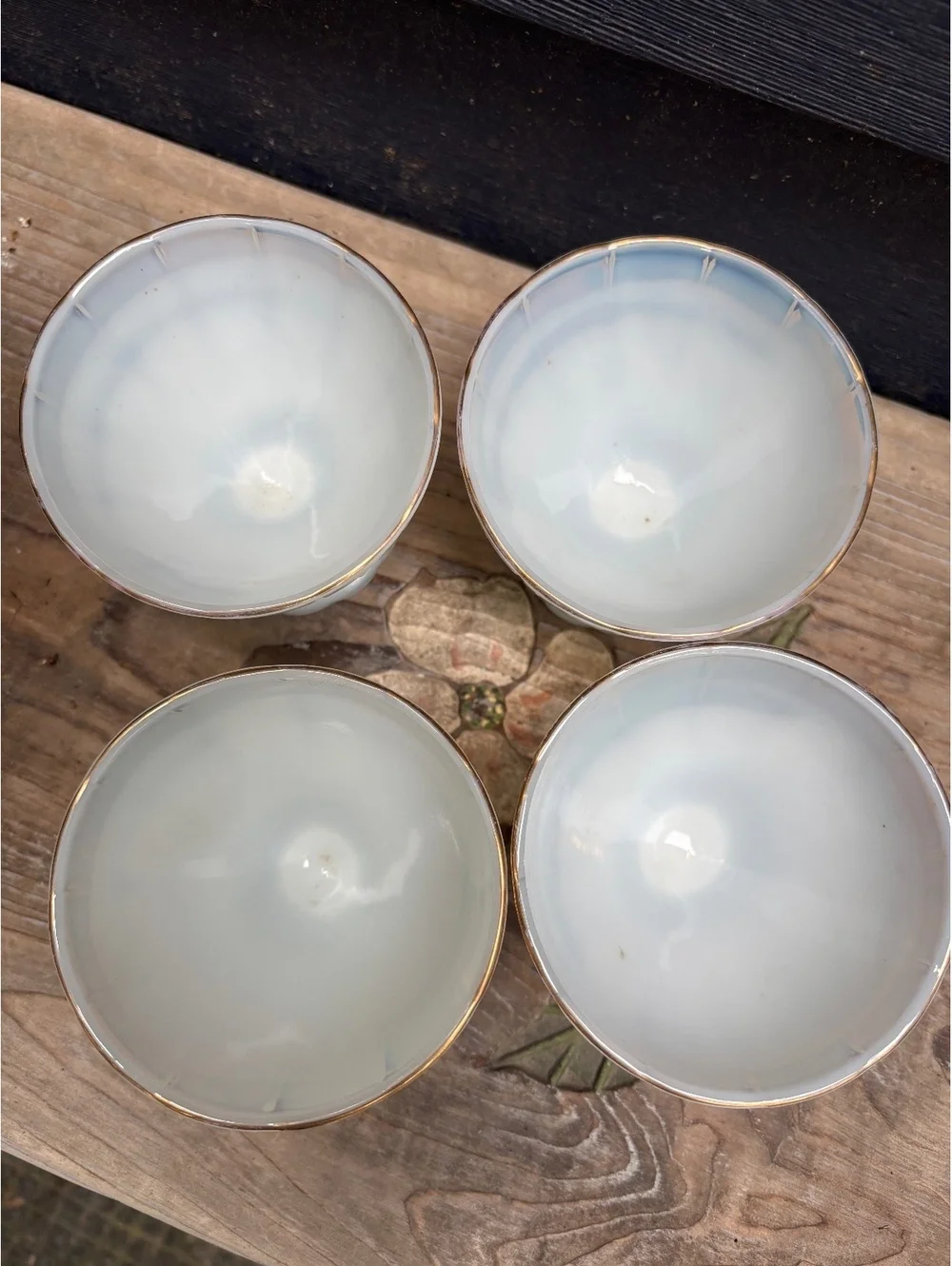 Vintage Opalescent Footed Dessert Bowls Set of 4, Gold Rim, Mid Century